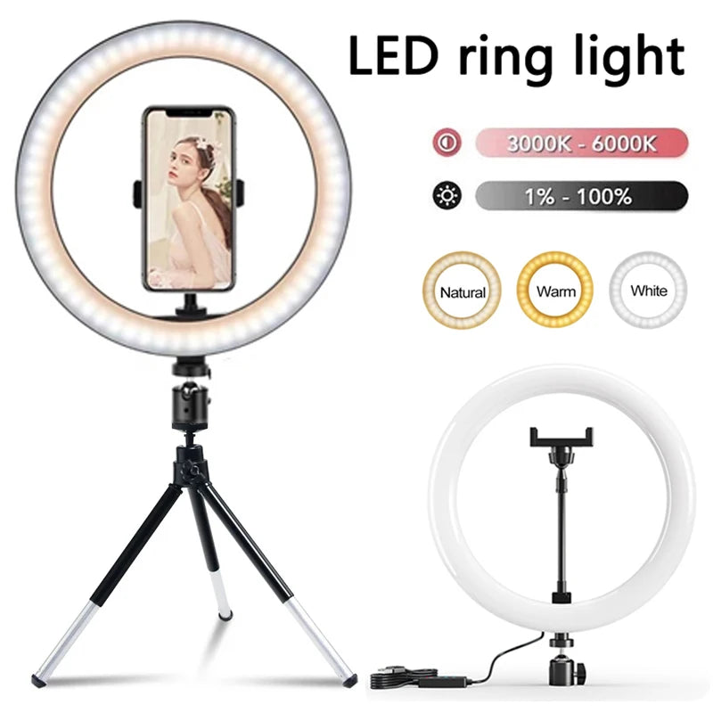 Anel de luz LED de 12 polegadas para fotografia, iluminação de celular com tripé, lâmpada redonda USB para vídeos do YouTube e transmissões ao vivo.