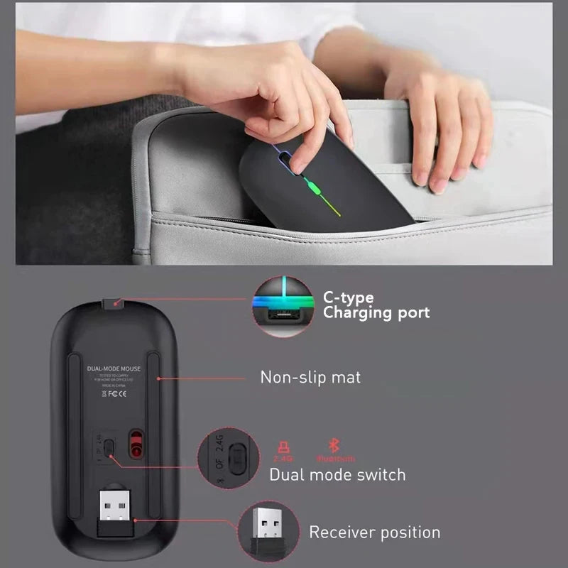 Rato sem fio bluetooth 2.4g modos duplos recarregável ratos rgb ergonômico silencioso clique mouse para computador pc ipad laptops 3600dpi