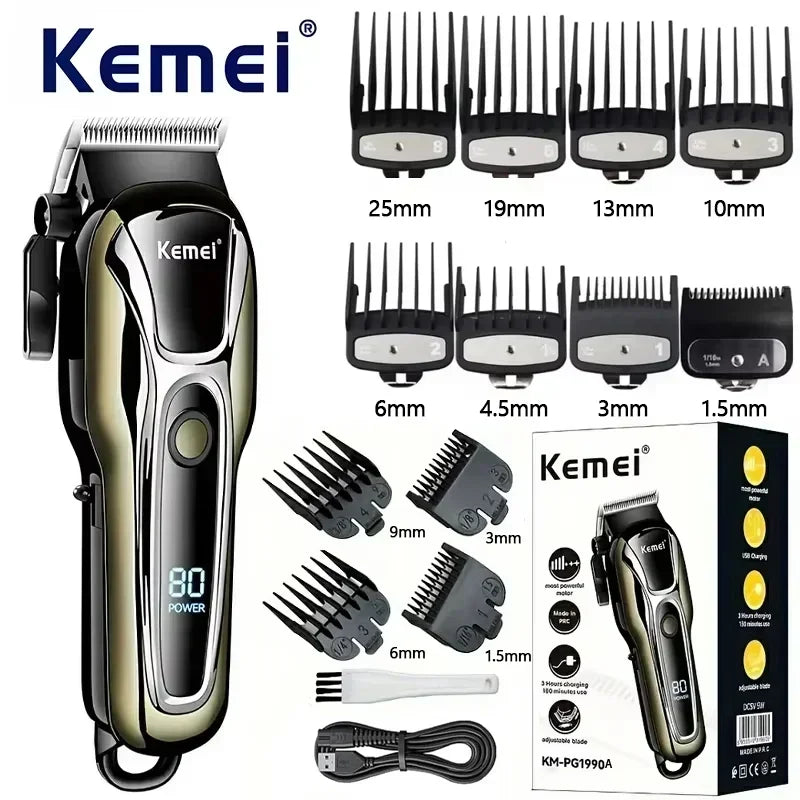 Kemei pg1990a máquina de cortar cabelo recarregável ou pentes limite profissional sem fio aparador de cabelo masculino máquina de corte de cabelo barbeiro