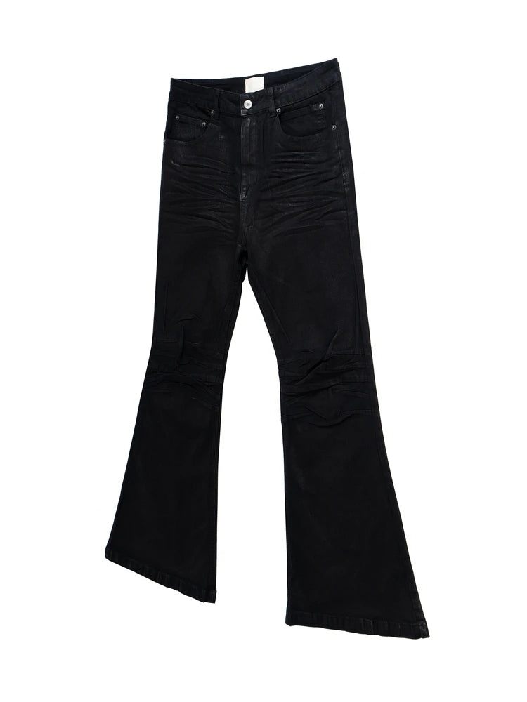 Jeans Masculino Retrô Americano Estilo High Street com Acabamento Artesanal de Cera Escovada, Lavado, Micro Flare, Cintura Mé...