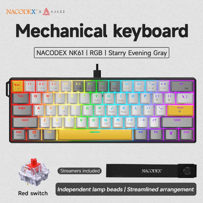 Ajazz nk61 teclado mecânico para jogos com fio 60% rgb hot-swappable 61 teclas interruptor vermelho mini teclado para gamer pc
