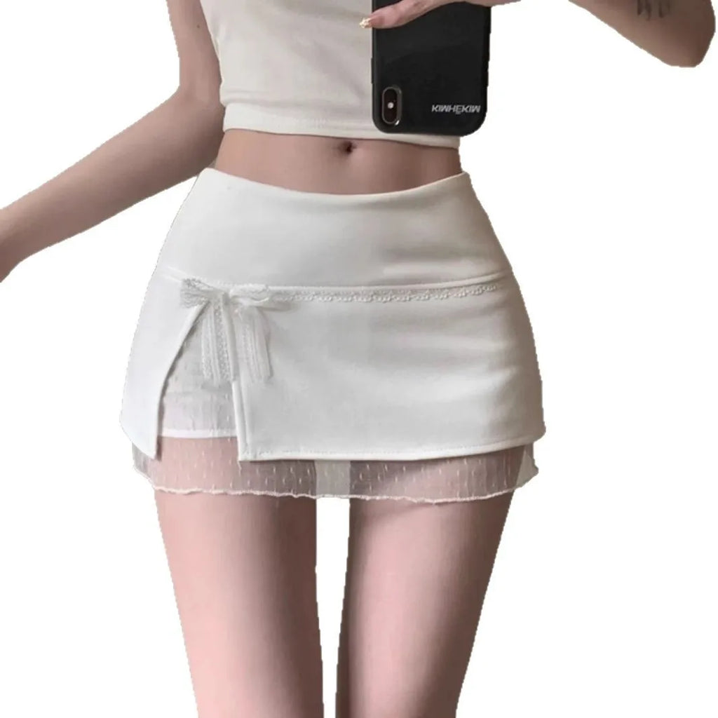 Saia  de Renda Kumikumi com Patchwork, Cintura Alta, Estilo A-Line, Saias de Verão para Mulheres, Com Laço de Borboleta, ...