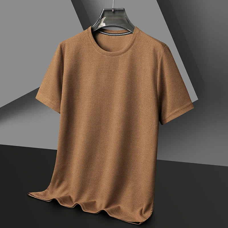 Novo verão waffle em torno do pescoço manga curta camiseta para homem de manga curta topo