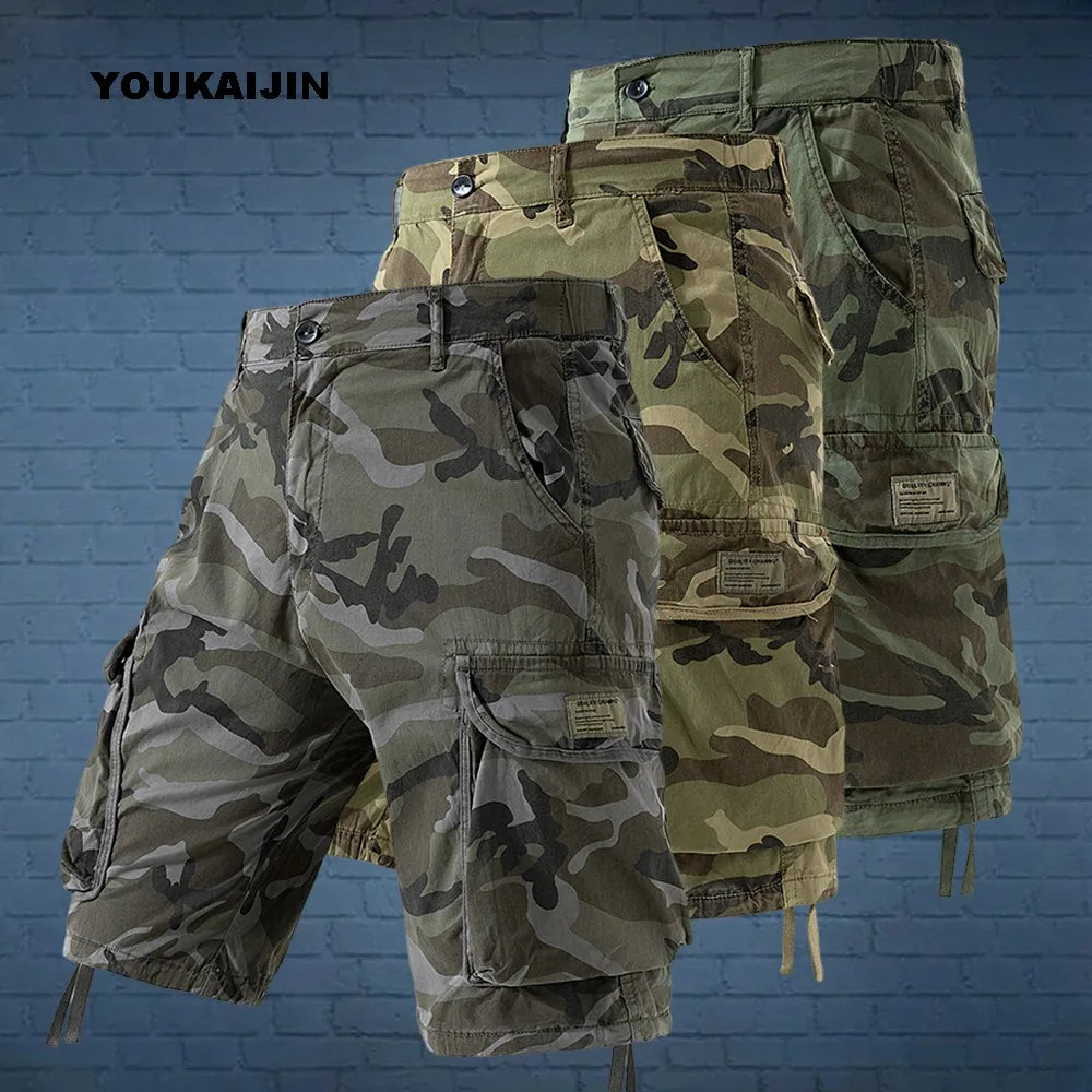 Bermudas Cargo Camufladas Masculinas para Atividades ao Ar Livre, com Múltiplos Bolsos, em Algodão, Casuais, de Verão, Respiráveis