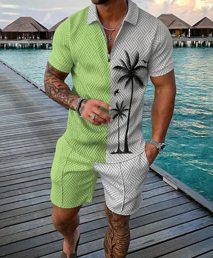 Agasalho de verão masculino terno esportivo conjunto 3d impresso casual manga curta t camisa lapela zip polo roupas masculinas jogging