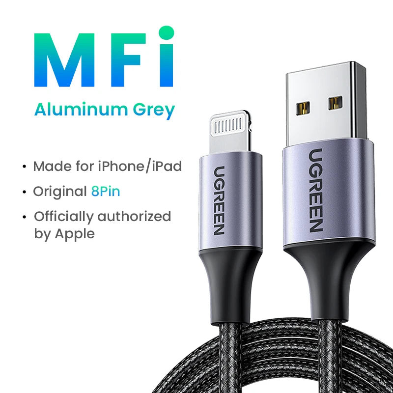 Ugreen mfi usb para cabo relâmpago para iphone 14 13 12 pro max 2.4a carregamento rápido para iphone para ipad telefone dados usb um cabo