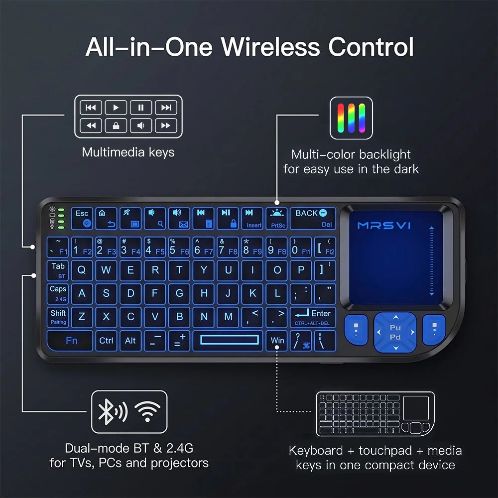 Teclado Mini MRSVI A8 PLUS, Teclado Sem Fio Retroiluminado 2.4GHz&Bluetooth5.0 com Touchpad para Android TV Box, Mac, Laptop, Windows