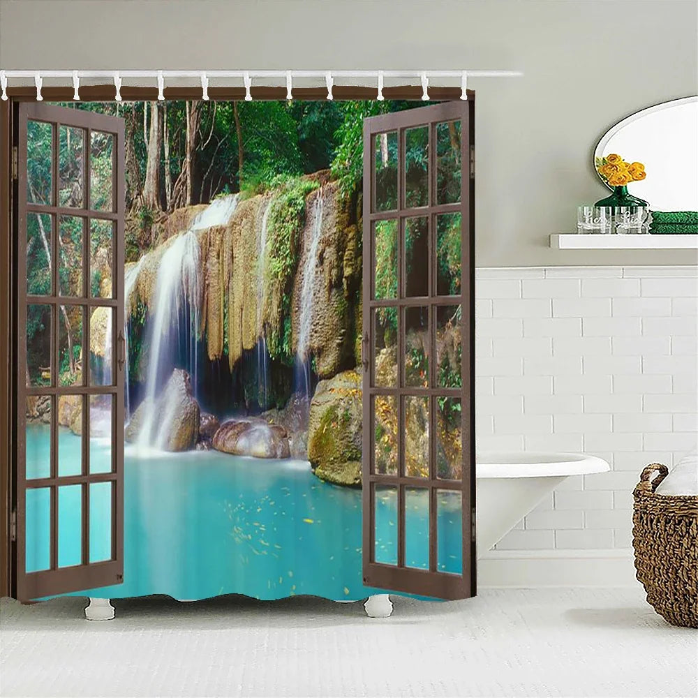 Cortina de banho 3d impressão janela cenário floresta cortinas de chuveiro 180*200cm à prova dwaterproof água cortina do banheiro tecido lavável com ganchos