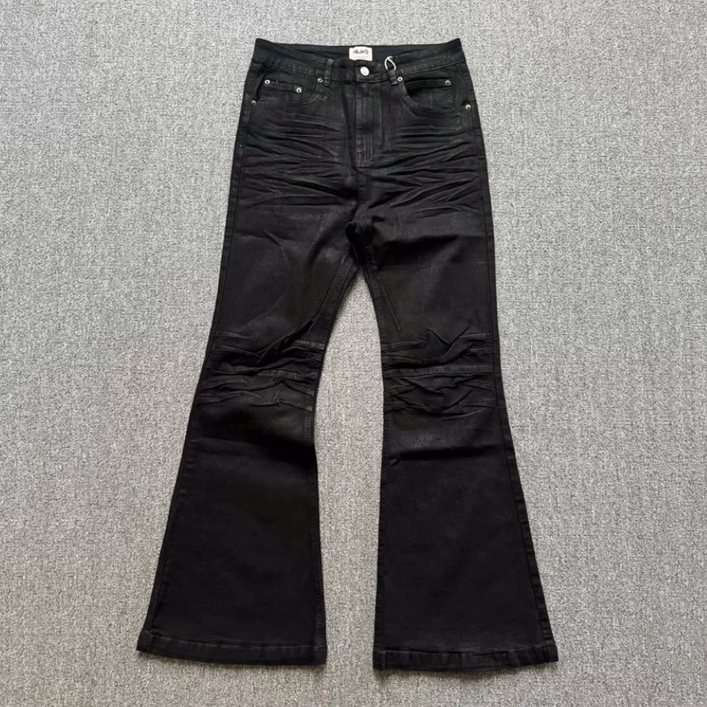 Jeans Masculino Retrô Americano Estilo High Street com Acabamento Artesanal de Cera Escovada, Lavado, Micro Flare, Cintura Mé...