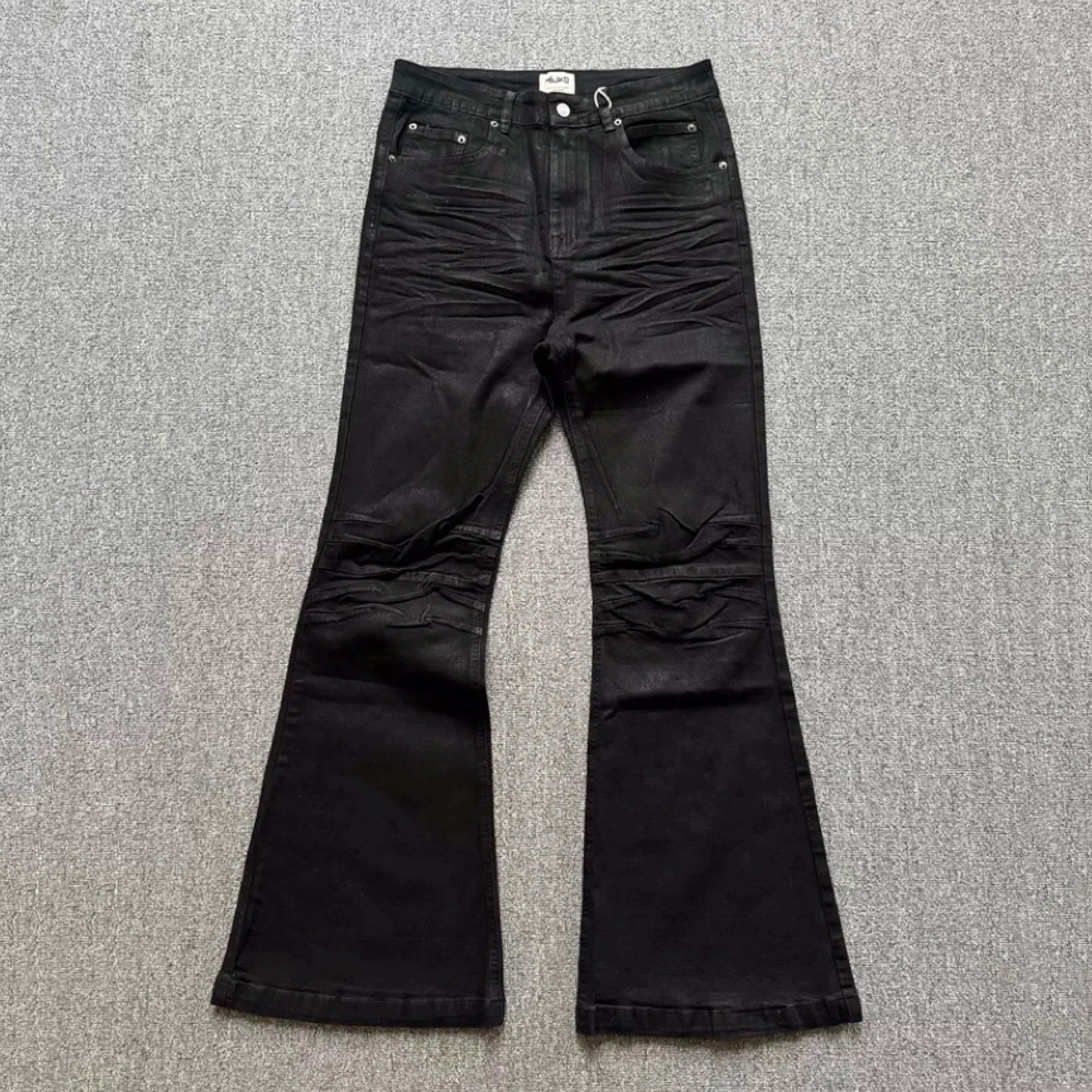 Jeans Masculino Retrô Americano Estilo High Street com Acabamento Artesanal de Cera Escovada, Lavado, Micro Flare, Cintura Mé...
