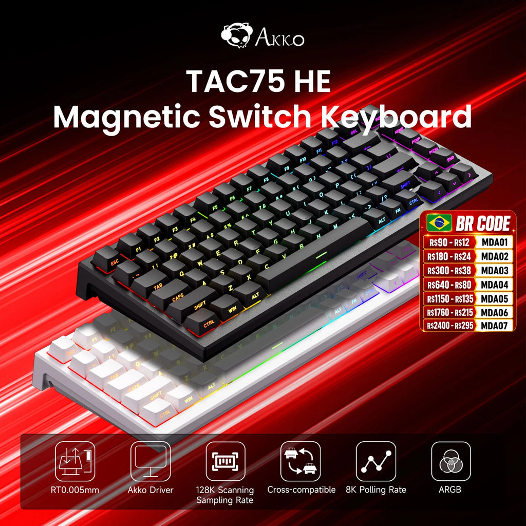 Akko tac75 he teclado de interruptor magnético 75% teclados para jogos gatilho rápido 0.005mm 8k rgb com fio esports teclado personalizado para gamer