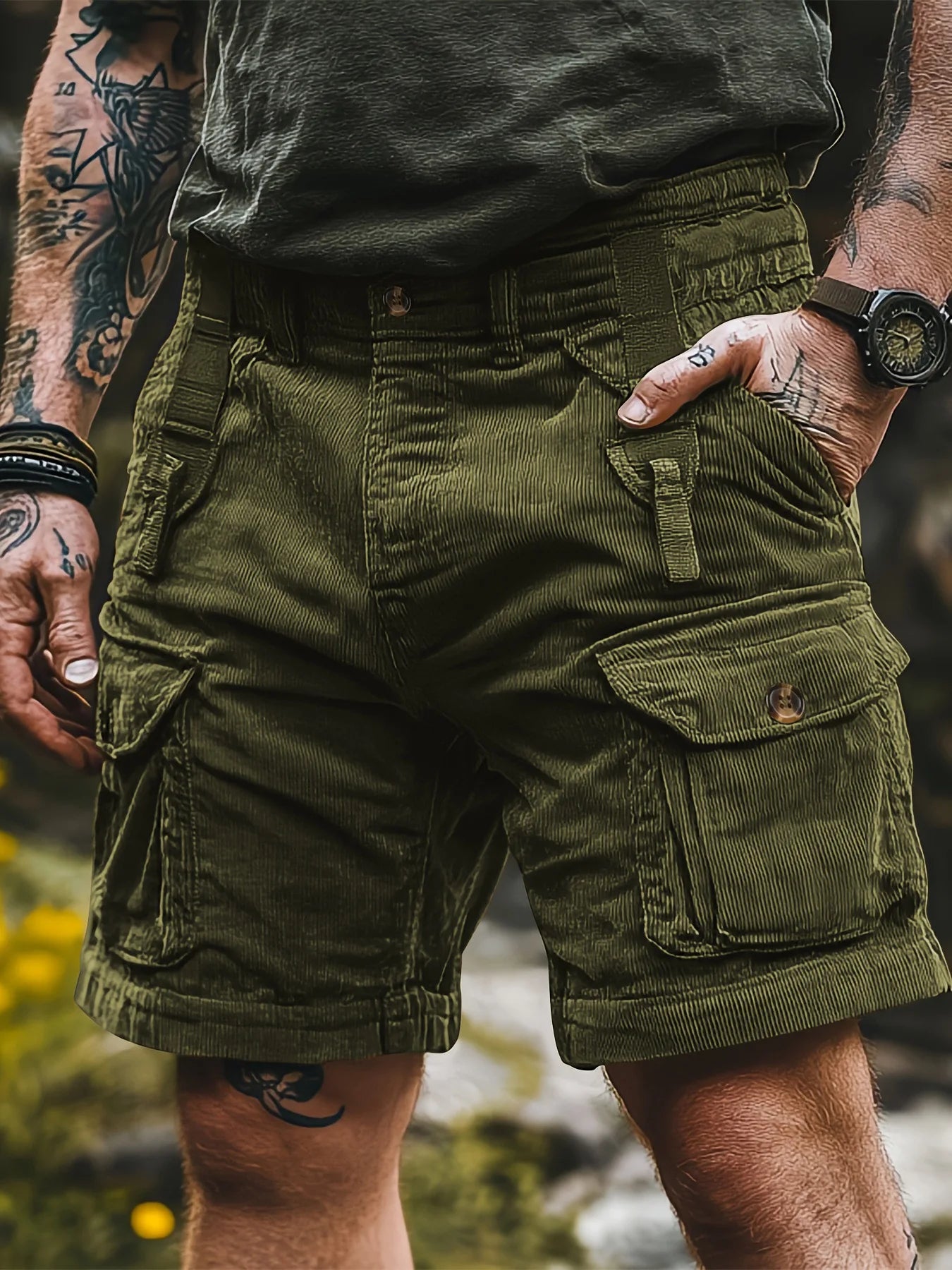 Bermudas Cargo Vintage Masculinas: Calções de Verão Modernos em Corduroy, Casuais, Cor Sólida, Esportivos e Respiráveis