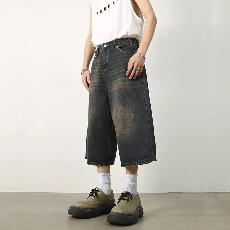 Shorts Jeans Baggy Vintage Y2K de Cintura Alta com Perna Larga para Mulheres e Homens - Moda Oversize na Altura do Joelho