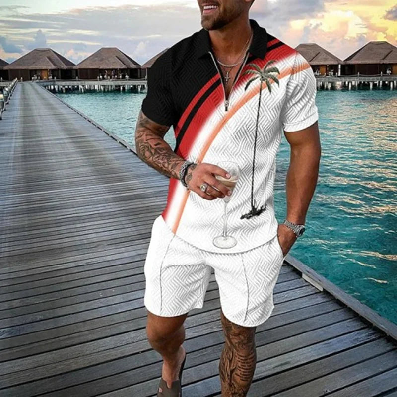 Agasalho de verão masculino terno esportivo conjunto 3d impresso casual manga curta t camisa lapela zip polo roupas masculinas jogging