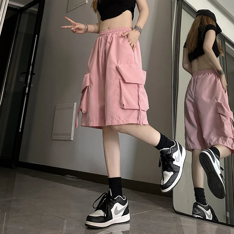 Zoki mulheres cintura alta carga shorts estilo americano streetwear verão calças de perna larga moda feminina grande bolso solto shorts novo