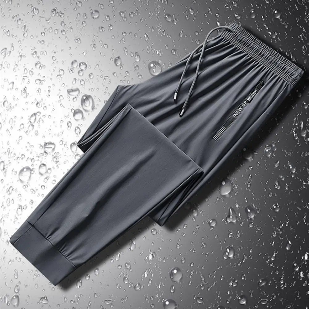 Calça esportiva de seda gelo masculina, malha, secagem rápida, de tornozelo, respirável, casual, fina, solta, elástica, verão