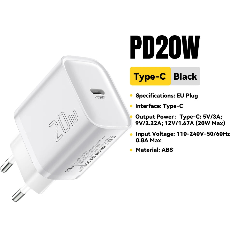 Essager 20W USB Tipo C Carregador PD Carregamento Rápido para iPhone 16 15 14 Pro Carga Rápida 3.0 Carregador de Celular para Samsung