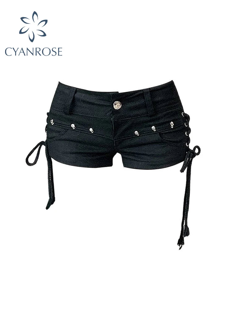Shorts jeans góticos pretos femininos, calça jeans de cintura baixa coreana, estética vintage, roupas de verão