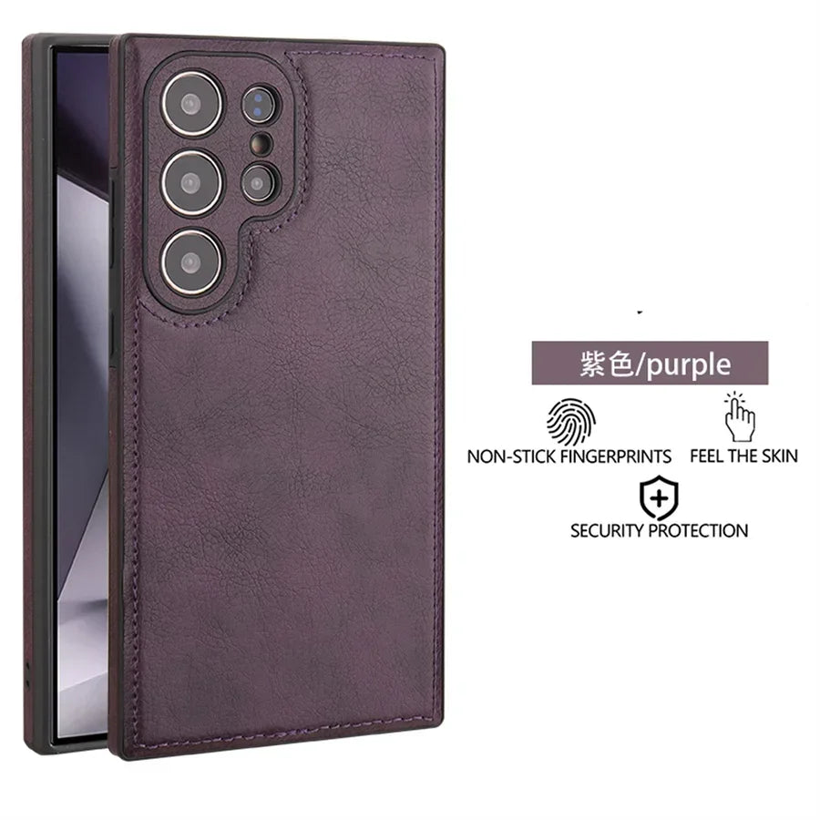 Capa de Couro PU Vintage de Luxo para Samsung S26 Ultra S25 S24 Plus S23 S22 S26Ultra, Capa Traseira Fina e Antichoque com Bumper Macio para Câmera
