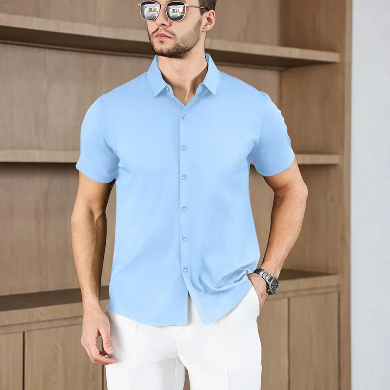 Novo negócio masculino casual cor sólida camisa de manga curta para moda verão sem engomar confortável e versátil topo