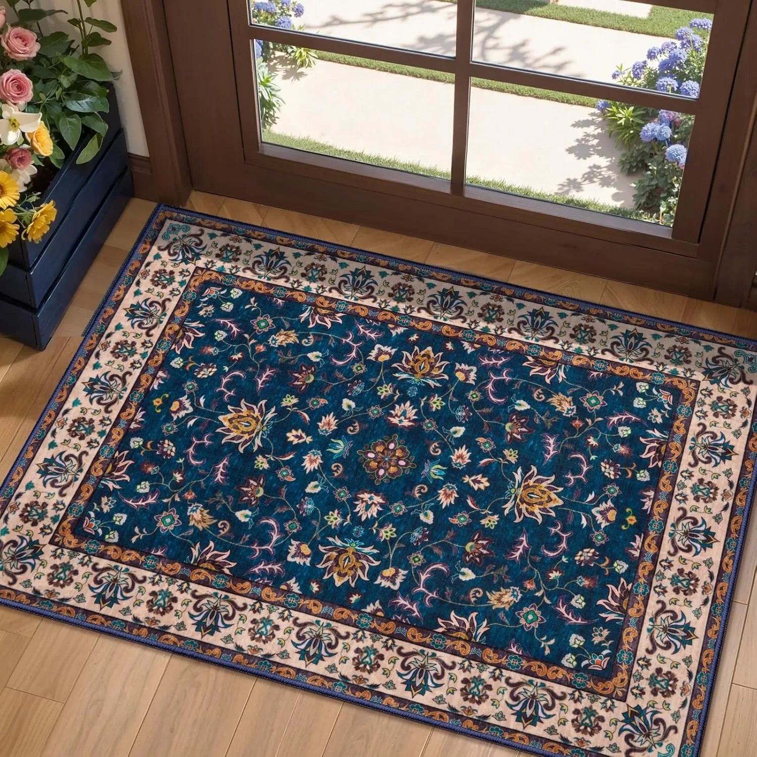 Tapete Vintage Estilo Persa Macio Antiderrapante para Decoração Interna e Externa Tapete de Entrada com Padrão Floral Geométrico