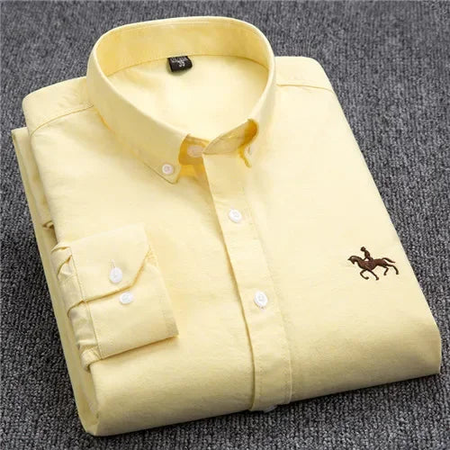 Casual puro algodão oxford camisas masculinas manga longa bordado cavalo design regular ajuste moda botão homem vestido branco camisa