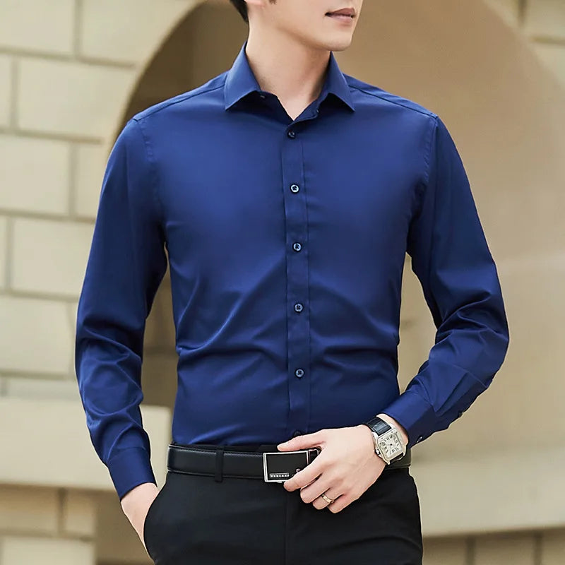 Novo plus size masculino cor sólida camisa de negócios moda clássico básico casual magro branco manga longa camisa roupas marca