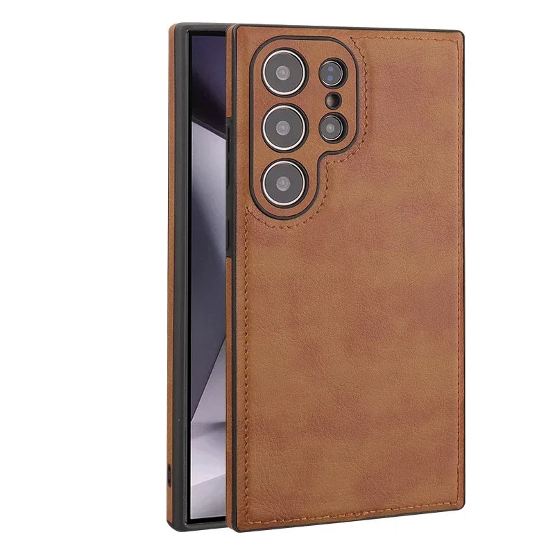 Capa de Couro PU Vintage de Luxo para Samsung S26 Ultra S25 S24 Plus S23 S22 S26Ultra, Capa Traseira Fina e Antichoque com Bumper Macio para Câmera