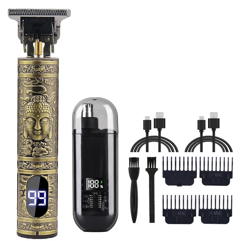 Máquina de cortar cabelo elétrica masculina vintage t9, aparador de barba/máquina de corte de cabelo recarregável com kit aparador de cabelo de nariz, presente para namorado