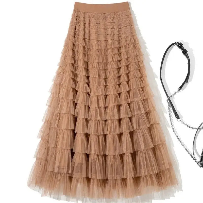 Saia de Camadas em Tule Estilo Princesa com Cintura Elástica, Vestido Longo Estilo Coreano, Saia Midi de Cintura Alta em Teci...