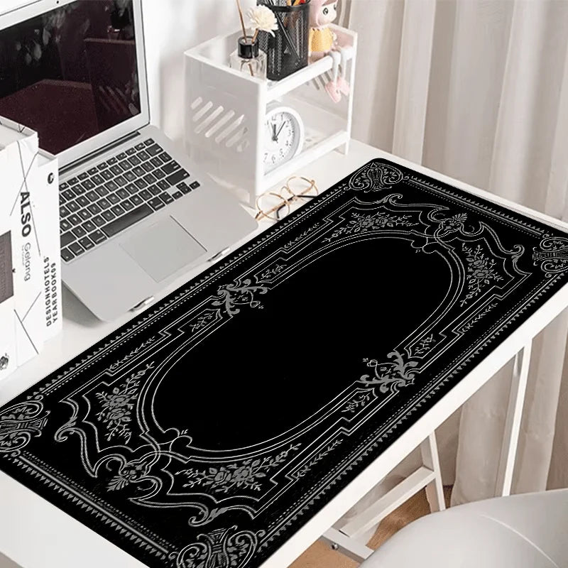 Motivo preto grande barroco ornamentado mouse pad mesa gadgets teclado 90x40cm tapete de mesa xxl playmat mouse pads desktops itens de escritório