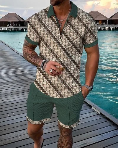 Agasalho de verão masculino terno esportivo conjunto 3d impresso casual manga curta t camisa lapela zip polo roupas masculinas jogging