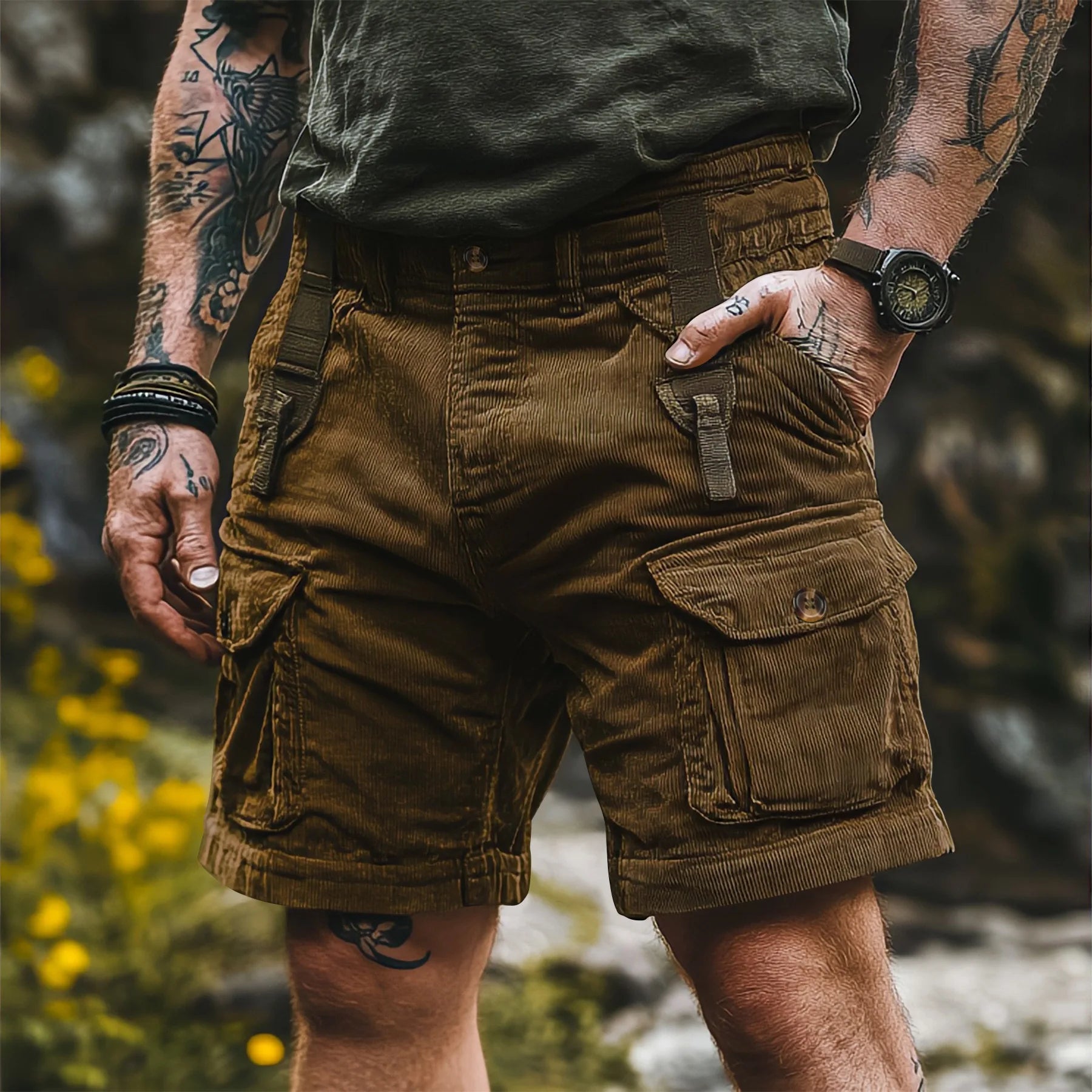 Bermudas Cargo Vintage Masculinas: Calções de Verão Modernos em Corduroy, Casuais, Cor Sólida, Esportivos e Respiráveis