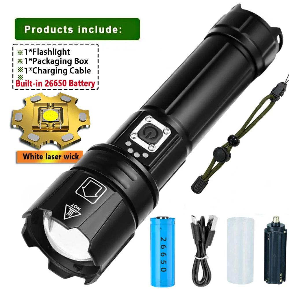 Lanterna LED de luz forte de alta potência com zoom USB recarregável com tocha externa de liga de alumínio ultrabrilhante de longo alcance