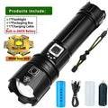 Lanterna LED de luz forte de alta potência com zoom USB recarregável com tocha externa de liga de alumínio ultrabrilhante de longo alcance