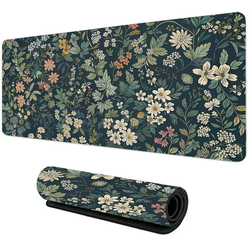 Tapete de mouse com planta floral verde botânica, tapete de mesa grande, acessórios de jogos antiderrapantes, bordas costuradas para escritório e casa
