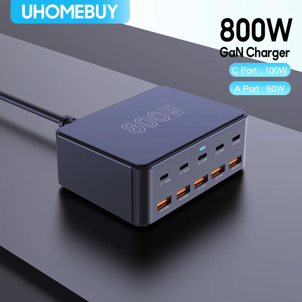 800W USB C GaN Carregador 100W PD3.0 PPS QC3.0 Estação de carregamento rápido multiporta para iPhone 15 16 Samsung Macbook Pro Laptops Tablets