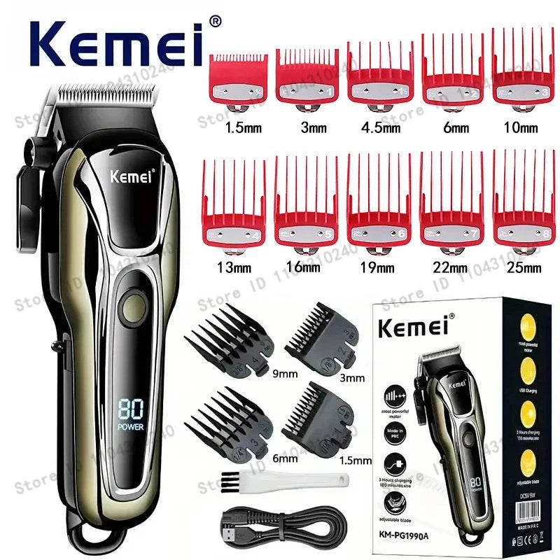 Máquina de Cortar Cabelo Elétrica Multifuncional Kemei Km-PG1990A, Aparador Recarregável Profissional com Cabeça Ajustável