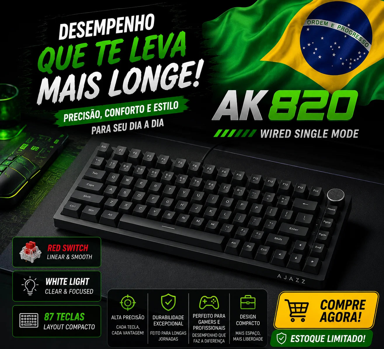 Teclado Mecânico Sem Fio AJAZZ AK820/Pro Bluetooth 5.1 2.4G USB-C Com Fio Hot Swappable RGB para Jogos com Montagem Gasket