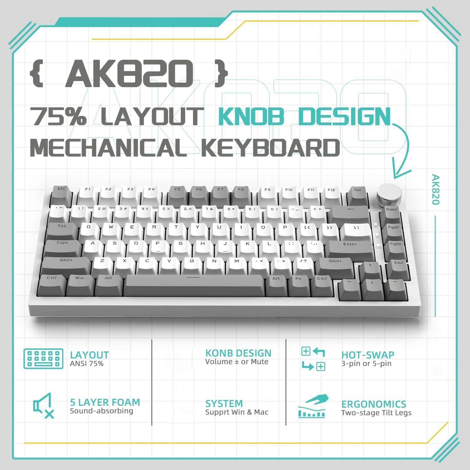 AJAZZ AK820 com fio com botões de volume rotativos, teclas hot-swap para teclados mecânicos de escritório e casa