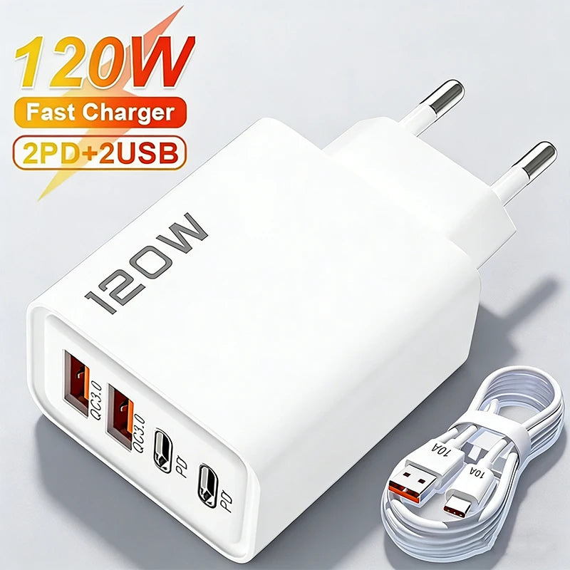 Carregador de 4 portas 120W com Quick Charge 3.0, USB C PD Tipo C, carregador de celular com carregamento rápido para iPhone, Samsung, Xiaomi, Huawei
