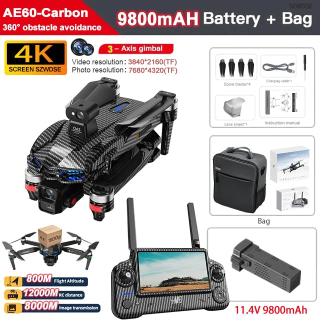 Novo drone gps profissional a60 com câmera 8k, gimbal de 3 eixos, 5g, wi-fi, sem escova, quadricóptero rc, controle de tela, airdrop, segurança