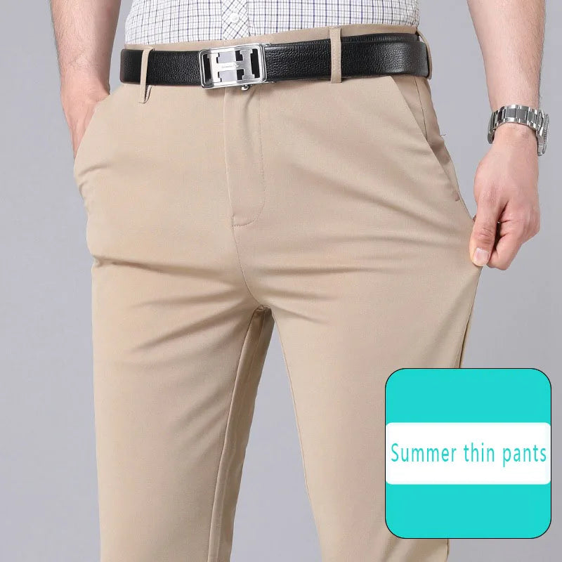 Masculino inteligente calças casuais elástico esportes calças de secagem rápida primavera outono comprimento total em linha reta escritório preto marinho calças de trabalho