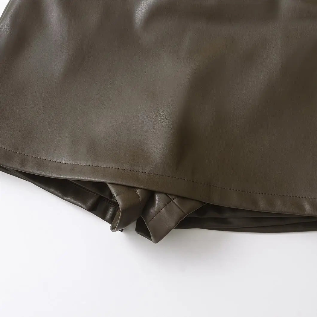 Mini saias de couro falso elegante moda coreana preto saias do plutônio para mulher saia de cintura baixa zip up saia dividida com shorts marrom