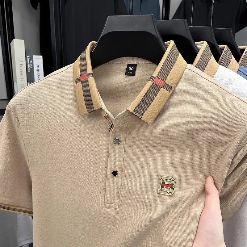 Verão masculino golfe moda 2025 camisa polo de manga curta design high-end requintado gelo seda bordado respirável camiseta