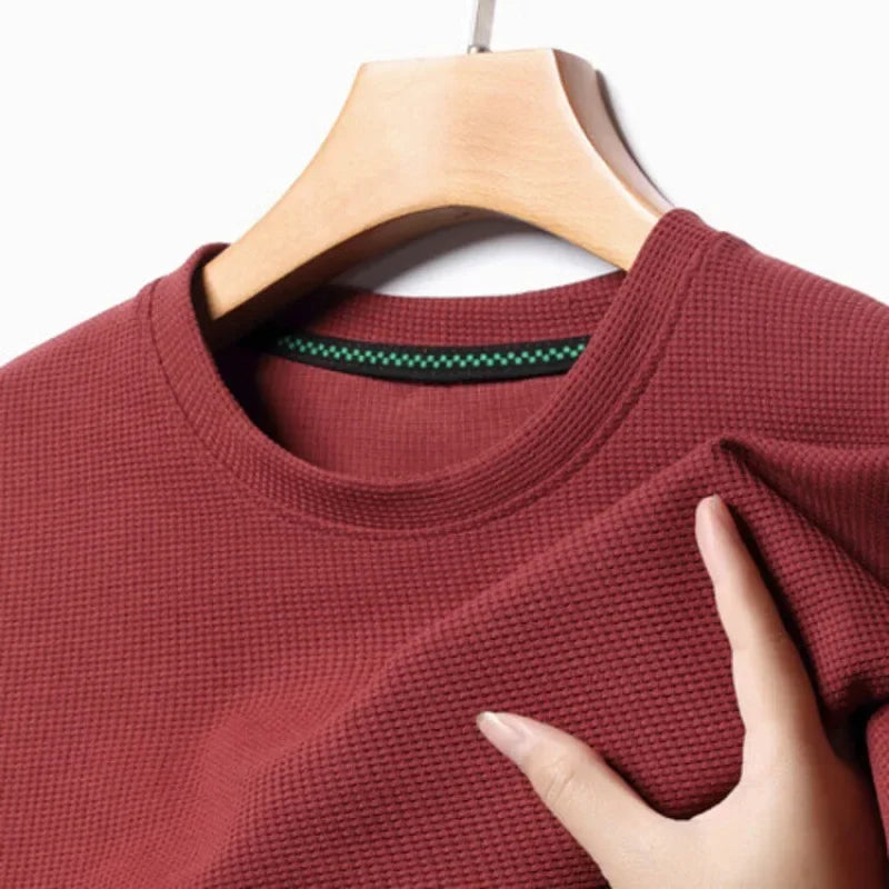 Novo verão waffle em torno do pescoço manga curta camiseta para homem de manga curta topo