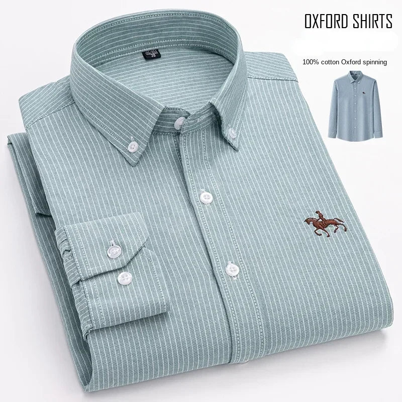 Casual puro algodão oxford camisas masculinas manga longa bordado cavalo design regular ajuste moda botão homem vestido branco camisa