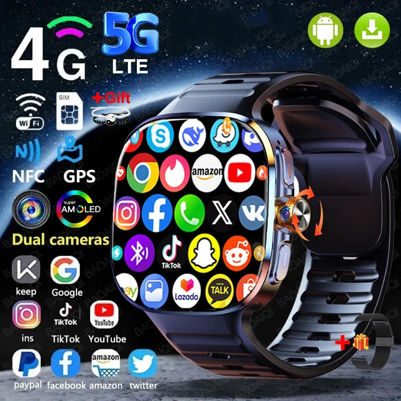 Relógio Inteligente 5G com Tela AMOLED HD de 720*720, Chamada de Vídeo, 8GB+128GB RAM, GPS, WIFI, Google Play, Relógio Inteligente com Previsão do Tempo