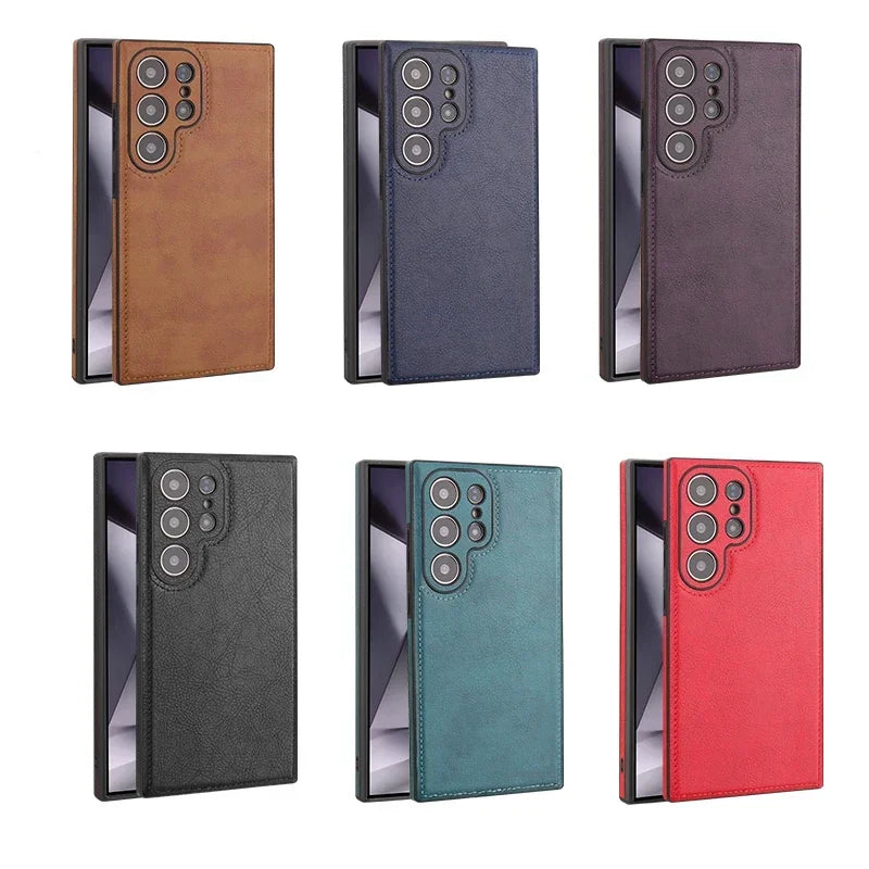 Capa de Couro PU Vintage de Luxo para Samsung S26 Ultra S25 S24 Plus S23 S22 S26Ultra, Capa Traseira Fina e Antichoque com Bumper Macio para Câmera