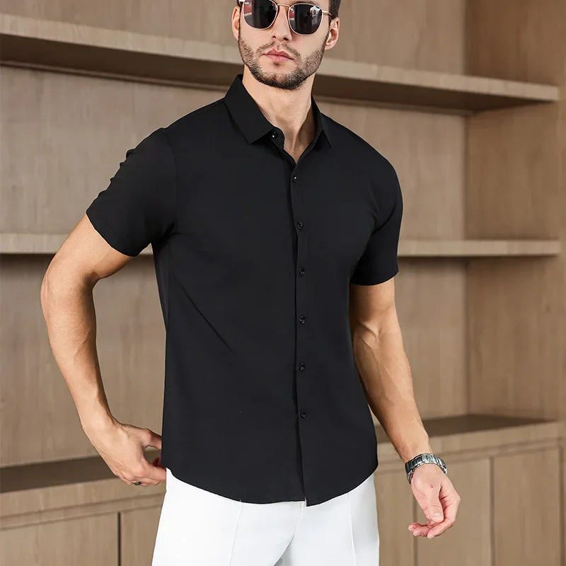 Novo negócio masculino casual cor sólida camisa de manga curta para moda verão sem engomar confortável e versátil topo